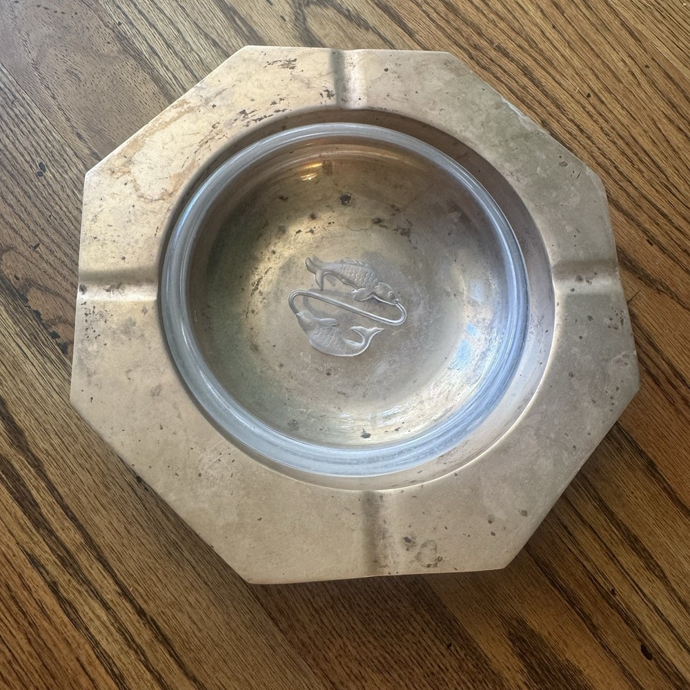 Vintage Signed Val St Lambert Crystal & Brass Ashtray | Pisces Fish | Art Deco